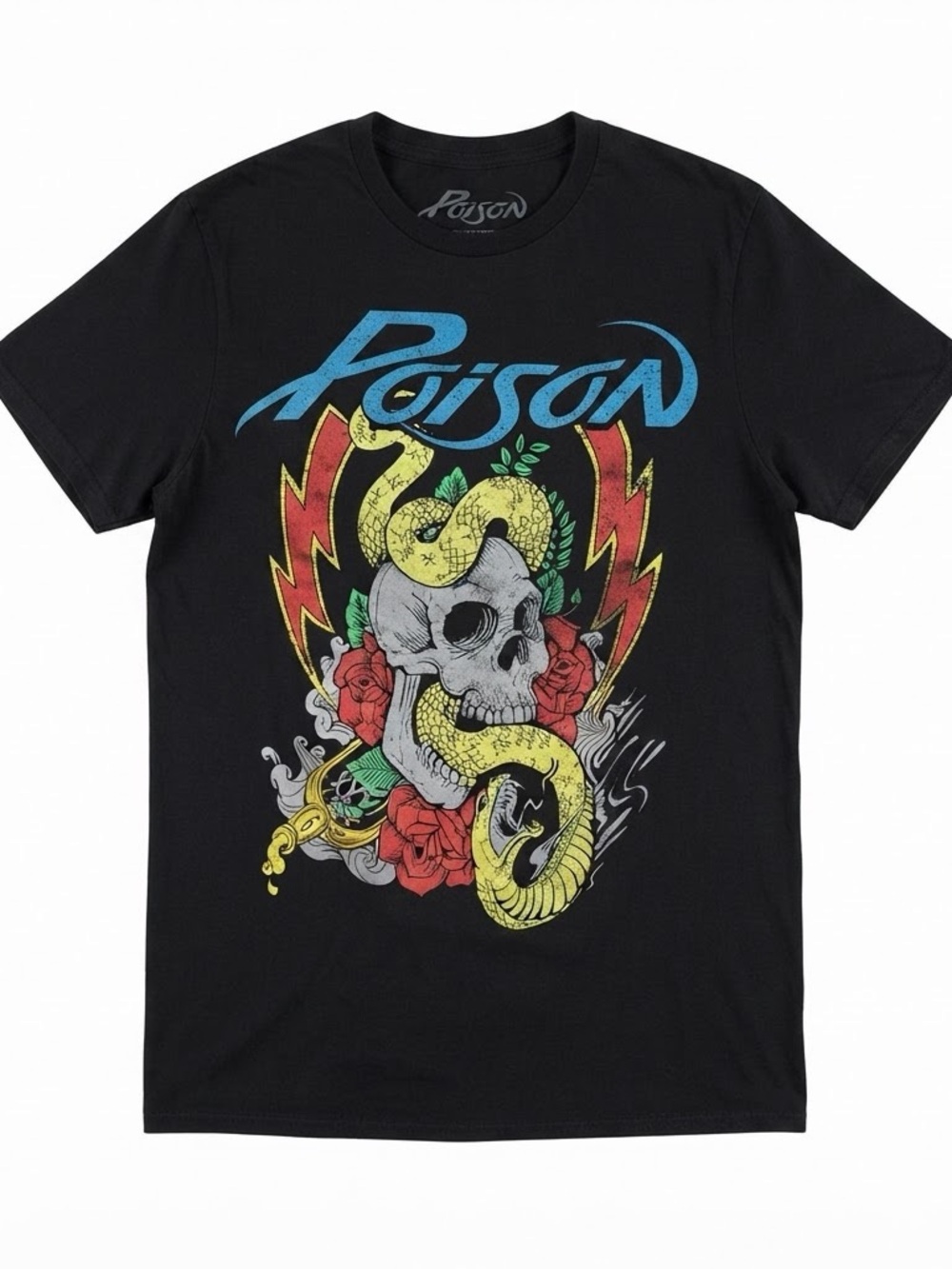 Poison Women’s Small Black Graphic T Shirt Skull Snake Roses Rock Band Tee